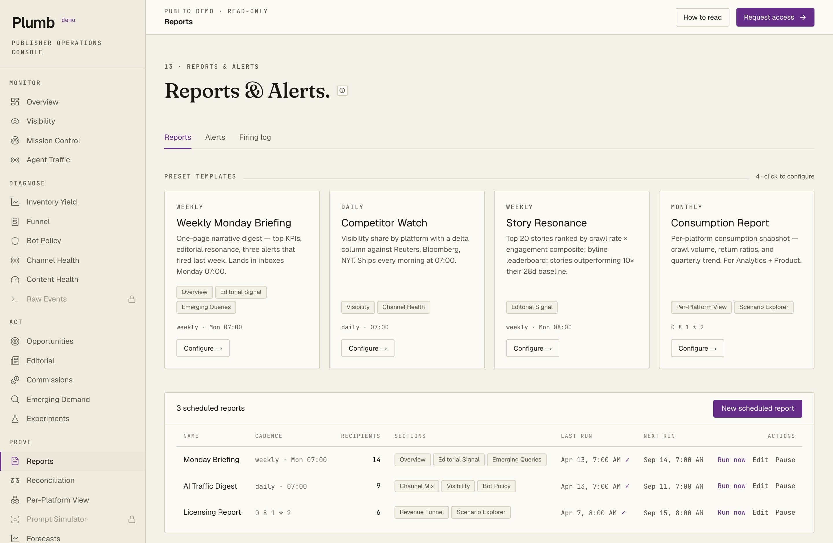Reports & Alerts page in the Plumb dashboard